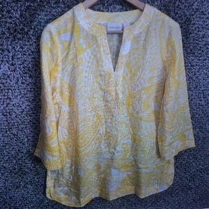 Chico's Yellow White Paisley Split-Neck Tunic